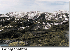 There is one photograph here of another view of a heap leach pad at the Barrick Mercur gold mine in Utah, and a second image of the visual simulation of that leach pad after regrading and revegetation.