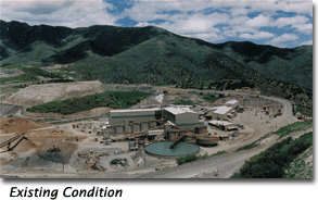 There is one photograph here of the existing mine processing and administration facilities at the Barrick Mercur gold mine in Utah, and a second image of the visual simulation of that area after removal of the facilities and regrading and revegetation.