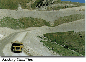 There is one photograph here of existing mine haul road at the Black Pine gold mine in Idaho, and a second image of the visual simulation of that haul road after revegetation.