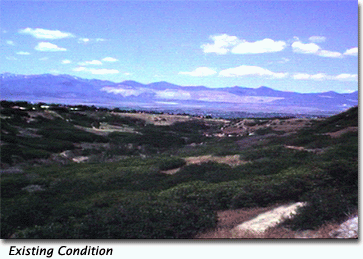 There is one photograph here of the existing view of Dimple Dell Park looking toward the Ochre Mountains, and a second image of the visual simulation of the new golf course.