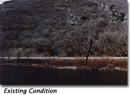 There is one photograph here of the existing view from standing in the Provo River, and a second image of the visual simulation of the proposed elevated highway structure from this viewpoint.