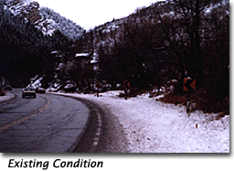 There is one photograph here of the existing view from driving on the proposed highway looking down the canyon, and a second image of the visual simulation of the proposed tunnel portals from this viewpoint.