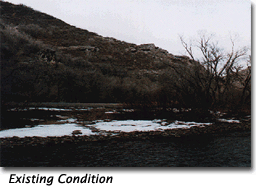 There is one photograph here of the existing view from standing in the Provo River, and a second image of the visual simulation of the proposed proposed tunnel portals from this viewpoint.