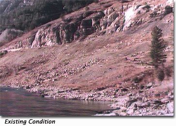There is one photograph here of the existing view from the Snake River looking up at the canyon sidewall, and a second image of the visual simulation of the proposed elevated highway structure from this viewpoint.