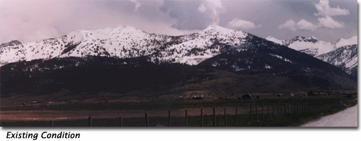There is one photograph here of the new existing view of the Grand Targhee Ski Area from several miles away, and a second image of the visual simulation of the proposed new ski runs and roads.