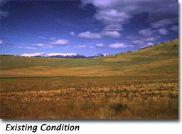 There is one photograph here of the existing view of a hillside above Sardine Canyon, and a second image of the visual simulation of the proposed roadway cut for the new highway alignment.
